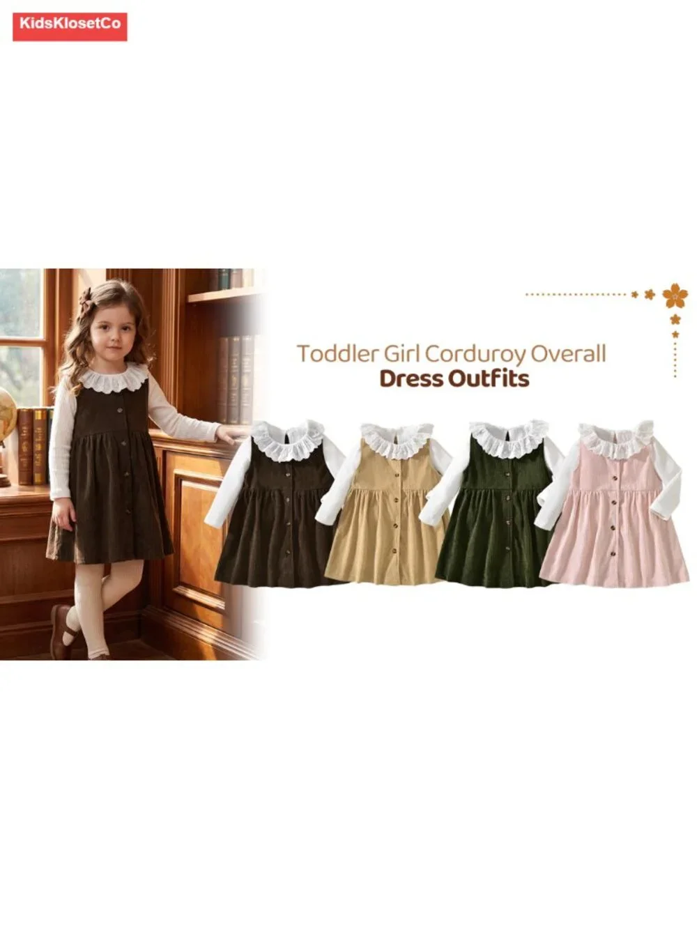Toddler Long Sleeve Lace Collar Top Corduroy Overall Dress Set 2-Piece